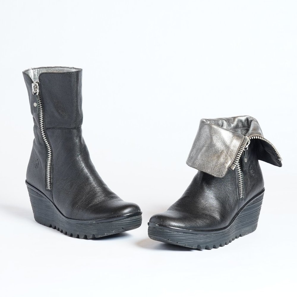 Fly London YEX Wedge Boot, Black/Silver